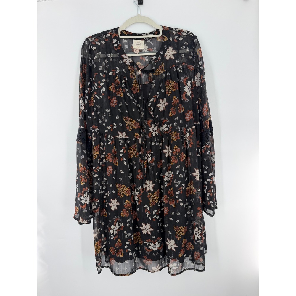 Knox Rose Black Floral Metallic Stripe Bell Sleeve Boho Mini Dress XL